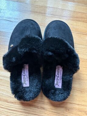 Juicy Couture Black Faux Fur Lined Mule Slippers Women's Size 8